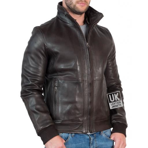 Mens Brown Leather Pilots Jacket - Detach Faux Fleece Collar - Side