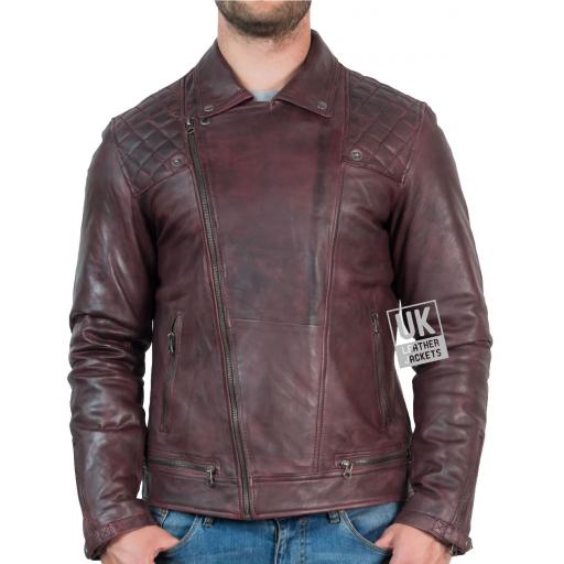 Mens Leather Biker Jacket - Hurricane - Burgundy - Zipped-up