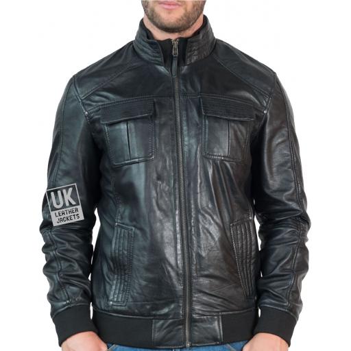 Mens Black Leather Bomber Jacket - Bronson - Zipped
