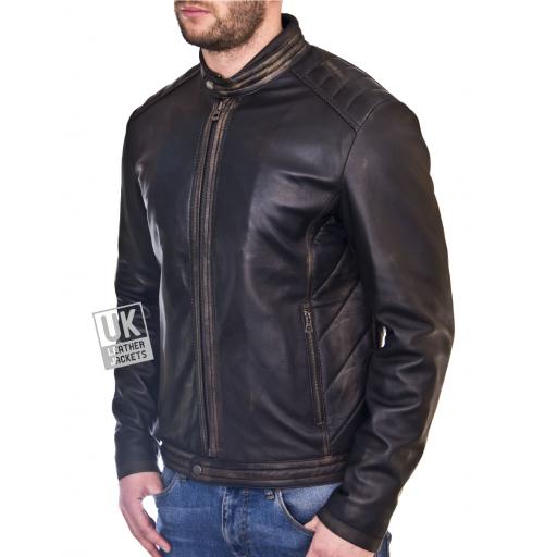 Mens Burnished Black Leather Jacket - Omega - Front