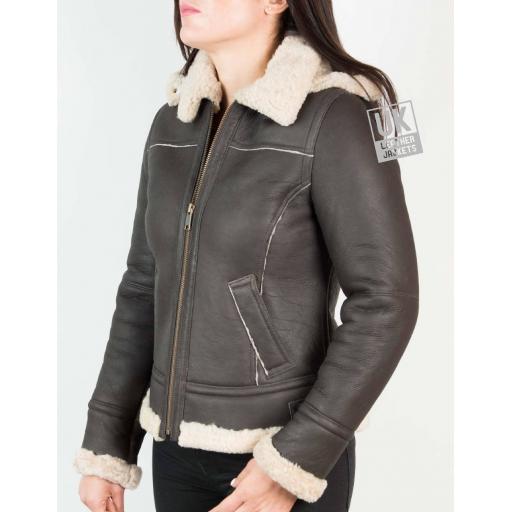 Womens Sheepskin Flying Jacket – Detach Hood – Lana - Matt Brown - Front