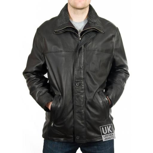 Men's Leather Coat in Black - Elswick - Detachable Fleece Collar