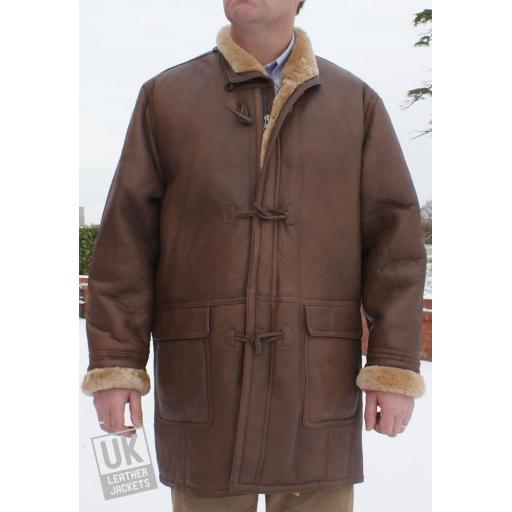 Men's Brown Shearling Sheepskin Duffle Coat - Detach Hood - Birkin - Main