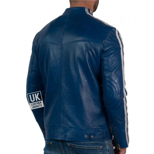 Mens Blue Leather Biker Jacket - Back