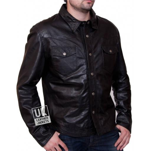 Men’s Brown Leather Shirt - Farrell - Regular Fit - Front