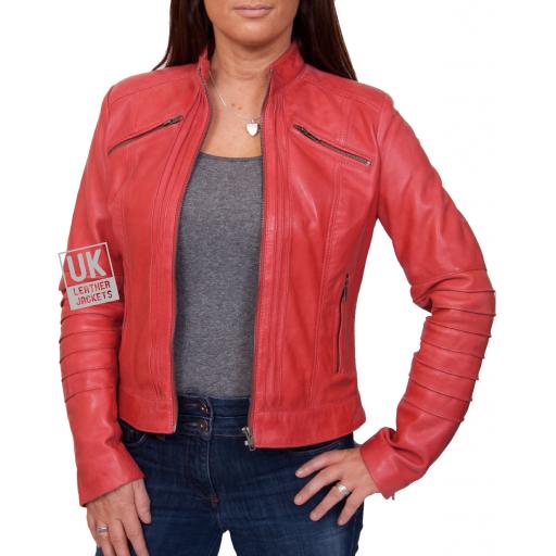 Ladies Red Leather Biker Jacket - Lima - Front