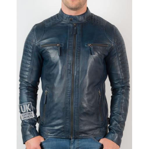 Mens Blue Leather Biker Jacket - Cruz - Front Zipped