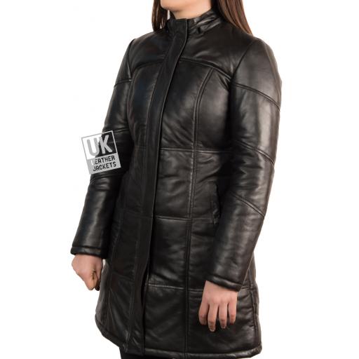 Womens Black Leather Quilted Coat - Aliciana - Detach Hood - Zipped