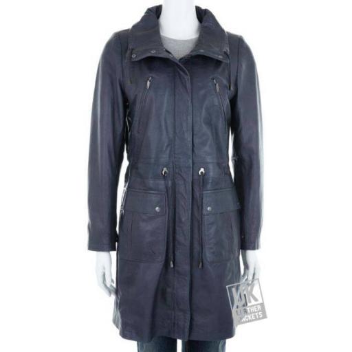 Women's Navy Blue Leather Parka Coat - Hazel - Front