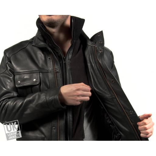 Men's Vintage Racing Leather Jacket in Black Hide - Flint - Wind Collar