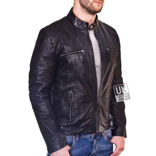 Men's Black Leather Biker Jacket - Phoenix - Side Front