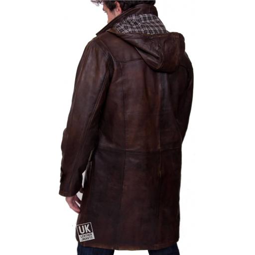 Men's Brown Leather Duffle Coat - Detach Hood - Avon - Back