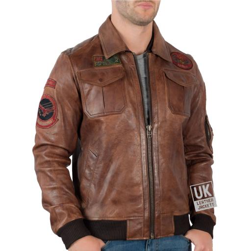 Mens Vintage Tan Leather Bomber Jacket - Top Gun - Fold Down Leather Collar