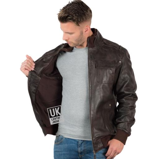 Men's Vintage Leather Bomber Jacket in Brown - Mirage - Lining