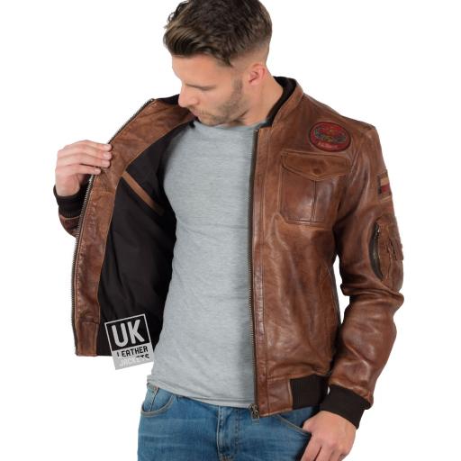 Mens Vintage Tan Leather Bomber Jacket - Top Gun - Lining