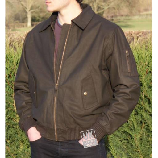 Men's Brown Leather Bomber Jacket - Pilot - Fold Down Leather Collar