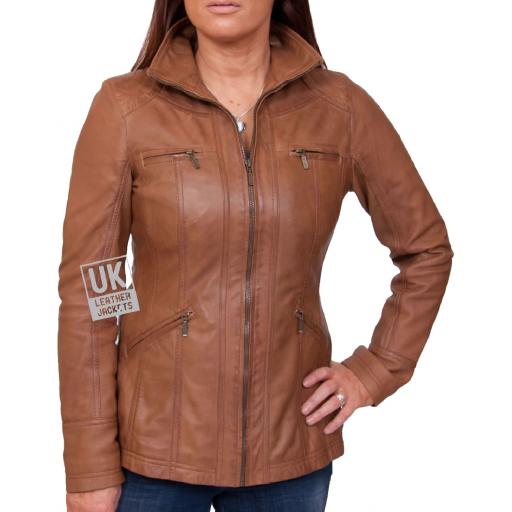 Womens Brown Tan Leather Jacket - Muse - Hip Length - Size 14, 16, 18, 20, 22