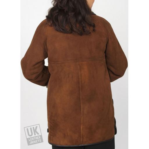 Women's Plus Size Sheepskin Car Coat - Dark Tan - Superior Quality - Rear