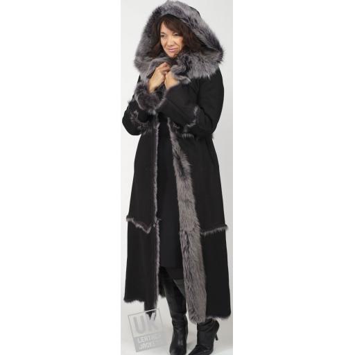 Finest Full Length Hooded Toscana Lambskin Coat in Black - Luna - Front Hood