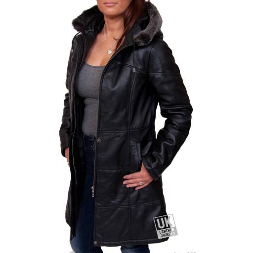 Womens Black Leather Quilted Coat with Hood - Alicia - Unzipped