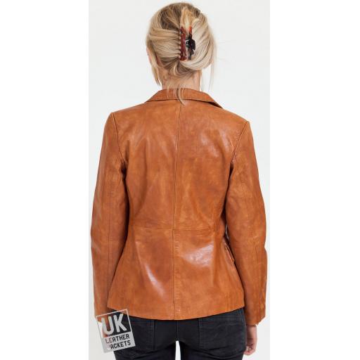 Women's 2 Button Tan Leather Blazer - Athena - Rear