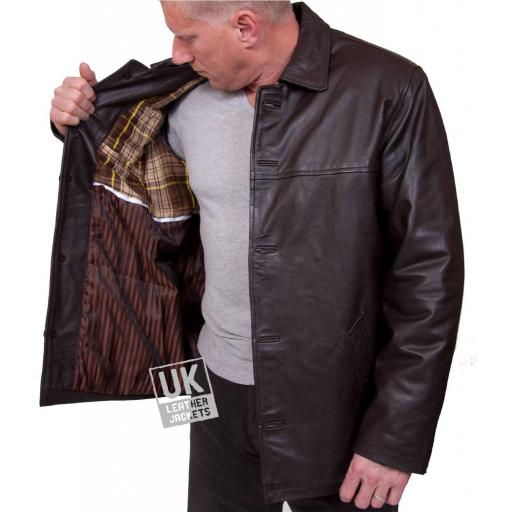 Men's  3/4 Length Brown Hide Leather Jacket - Plus Size - Moore - Detail