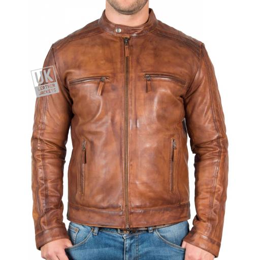 Mens Vintage Tan Leather Jacket - Mustang - Front Zipped