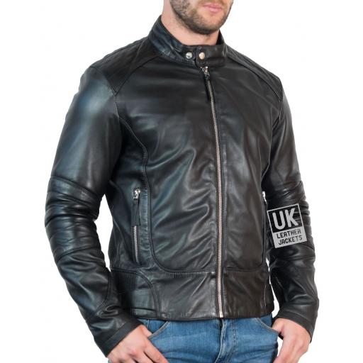 Mens Black Leather Jacket - Epoch - Front Zipped