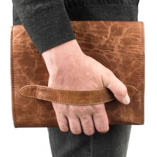 Tan Leather Wash Bag - Amazon - Back View with Handle
