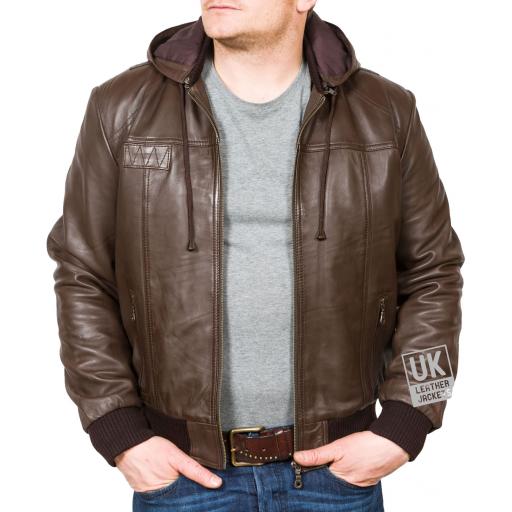 Men's Brown Hooded Leather Bomber Jacket - Troy - Open