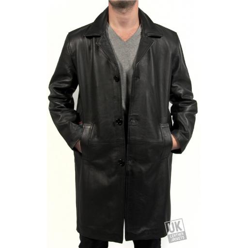 Mens Black Cow Hide Leather Coat - Plus Size - Walker - Unbuttoned