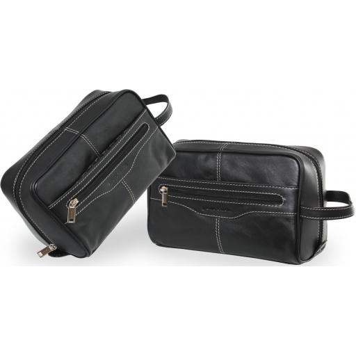 Black Leather Wash Bag by Pierre Cardin - Rhine - Top/Side/Front View