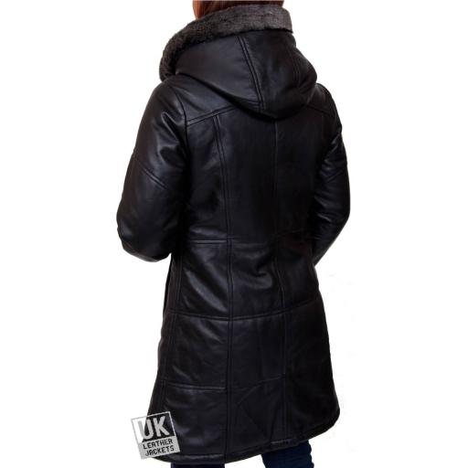 Womens Black Leather Quilted Coat with Hood - Alicia - Back