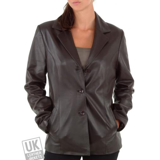 Women's Brown Leather Blazer - Rina - Front