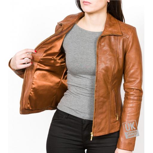 Women's Tan Leather Jacket - Delta - Lining