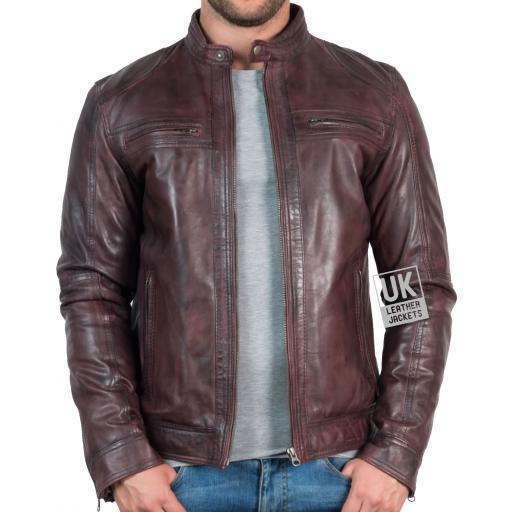 Mens Vintage Burgundy Leather Jacket - Ellin - Front Unzipped