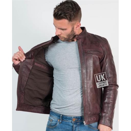 Mens Vintage Burgundy Leather Jacket - Ellin - Lining
