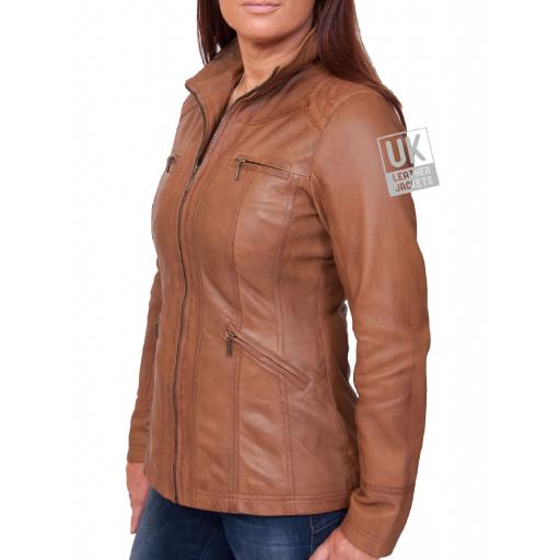 Womens Tan Leather Jacket - Muse - Hip Length - Side