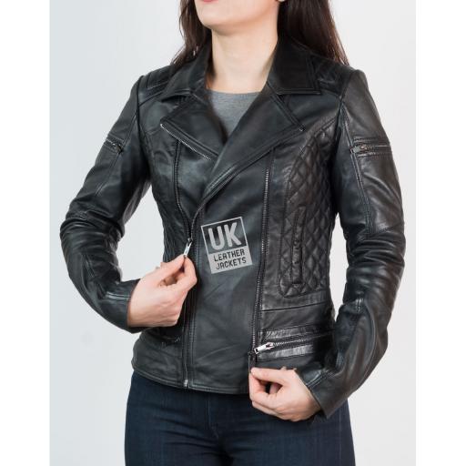 Women's Black Leather Biker Jacket - Bonnaire - Right Side Zip