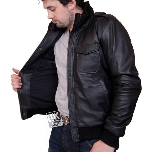 Mens Black Leather Bomber Jacket - Pinacle - Lining