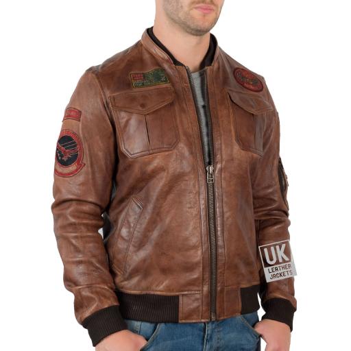 Mens Vintage Tan Leather Bomber Jacket - Top Gun - Short Stub Collar