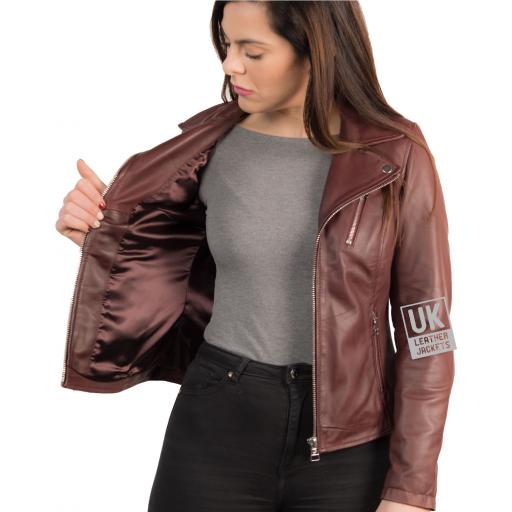 Womens Burgundy Leather Jacket - Mystique - Lining