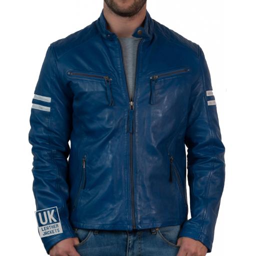 Mens Blue Leather Biker Jacket Octane Blue - Front Zip