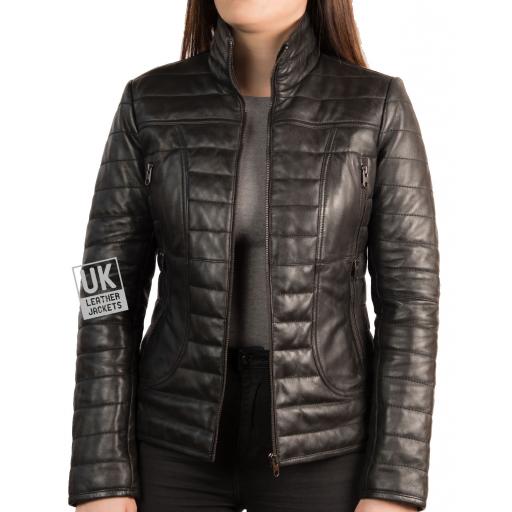 Women's Black Leather Puffa Jacket - Front 2
