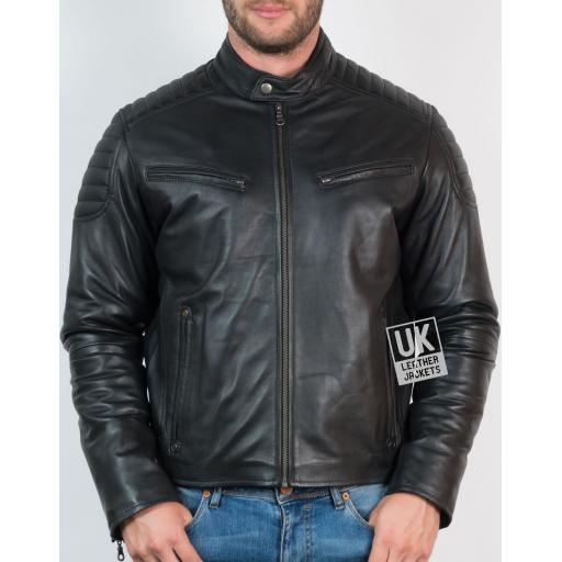 Men’s Black Leather Biker Jacket - Zurich - Zipped-Up