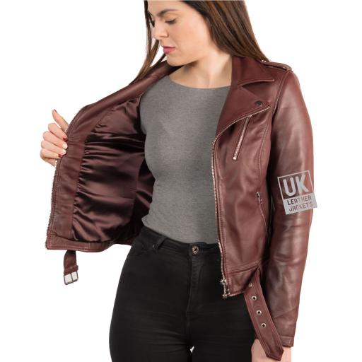 Womens Burgundy Leather Jacket - Elektra - Lining