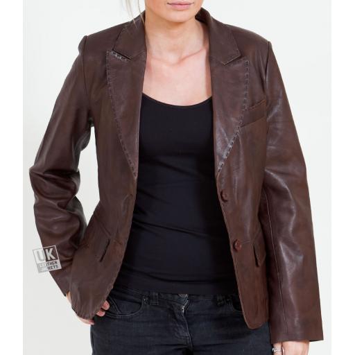 Women's 2 Button Brown Leather Blazer - Athena