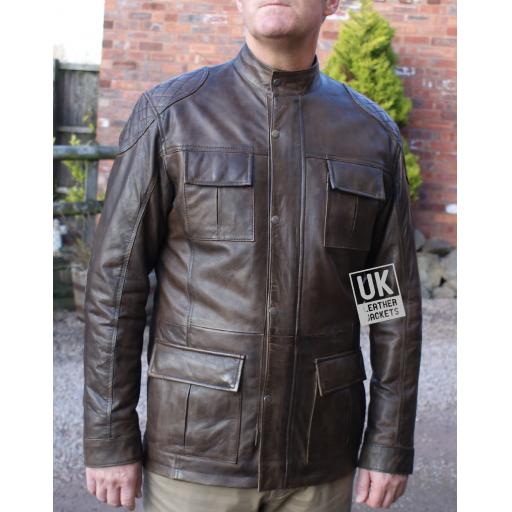 Men's Brown Leather Vintage Racing Jacket - Canterbury - Front Zipped
