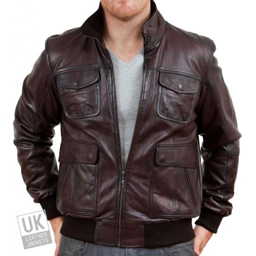 Men's Leather Bomber Jacket in Brown - Orenco - Sizes: XS, S, 3XL, 4XL Only