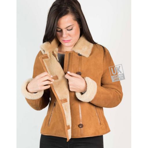 Womens Tan Shearling Sheepskin Jacket - Aspen - Front Zip and Button Panel
